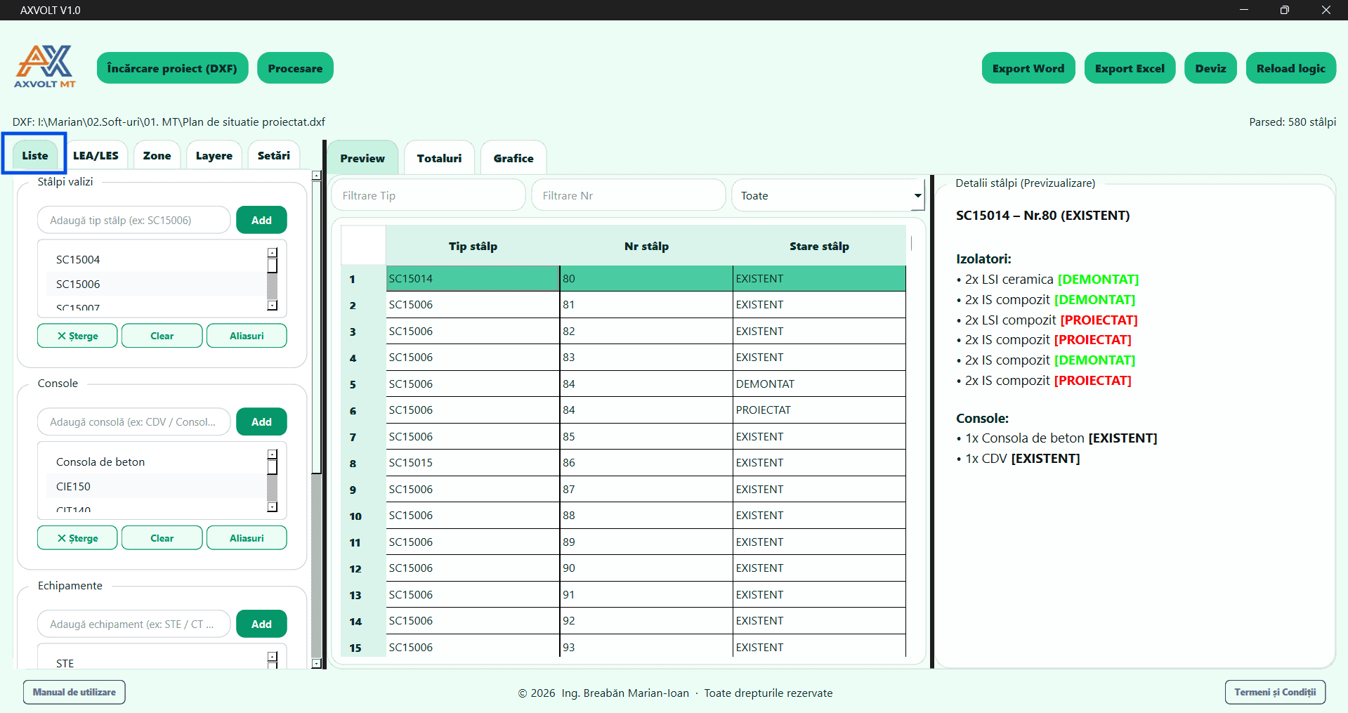 Liste stâlpi valizi și console configurate